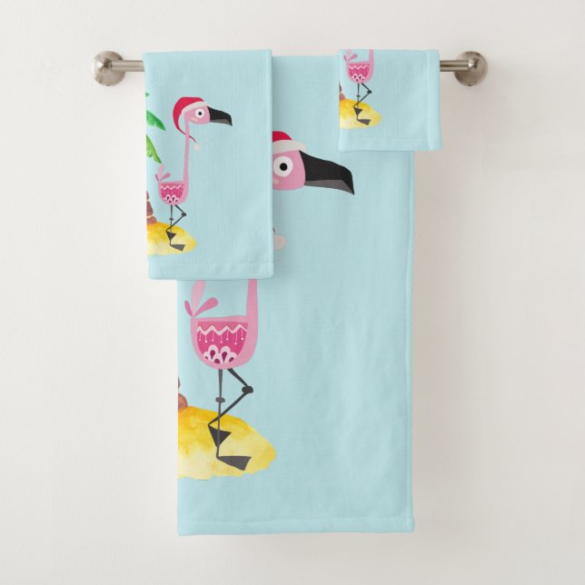 Whimsical Pink Flamingo Tropical Christmas Bath Towel Set (Insitu)