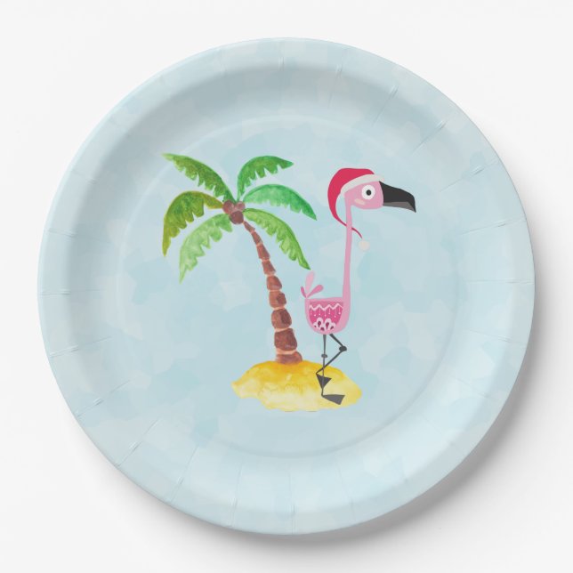 Whimsical Pink Flamingo Tropical Christmas Paper Plates (Front)