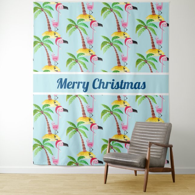 Whimsical Pink Flamingo Tropical Christmas Tapestry (In Situ)
