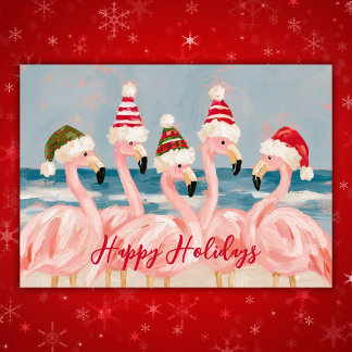 Whimsical Pink Flamingos in Santa Hats Christmas Holiday Card