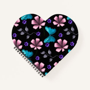 Whimsical Pink Floral and Blue Butterfly Seamless Notebook
