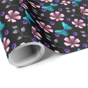 Whimsical Pink Floral and Blue Butterfly Seamless  Wrapping Paper