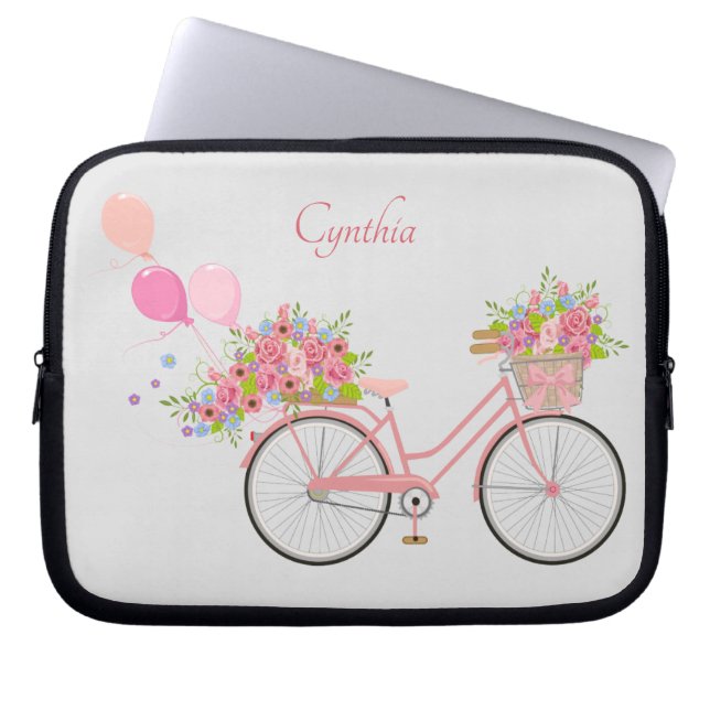 Whimsical Pink Floral Bike Personalized Laptop Sleeve (Front)
