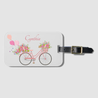 Whimsical Pink Floral Bike Personalized Luggage Tag