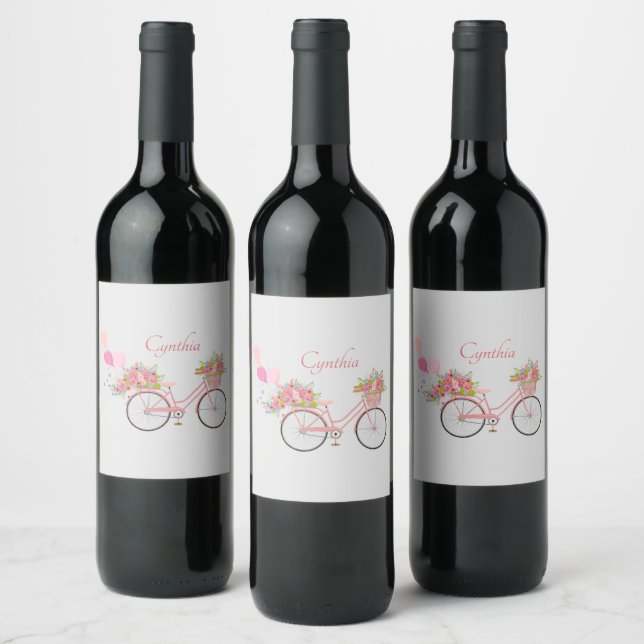 Whimsical Pink Floral Bike Personalized Wine Label (Bottles)