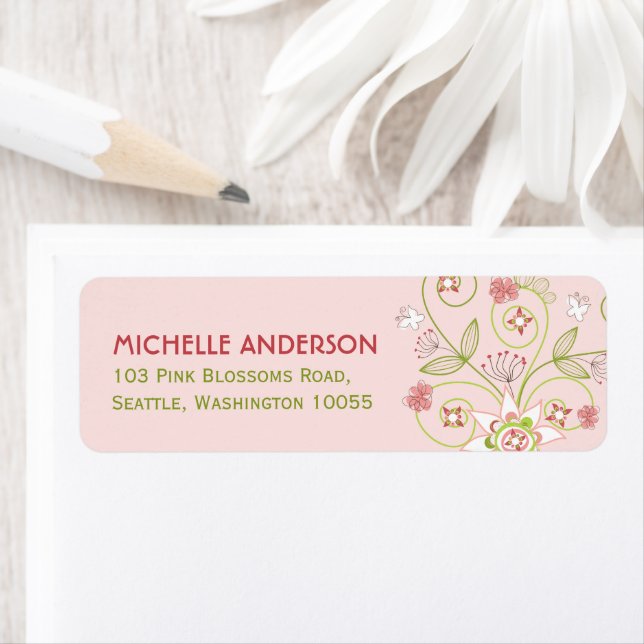 Whimsical Pink Floral Blooms Baby Shower Address Label (Insitu)