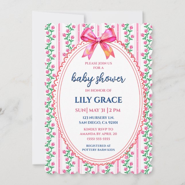 Whimsical Pink Floral & Bow Baby Shower Invitation (Front)