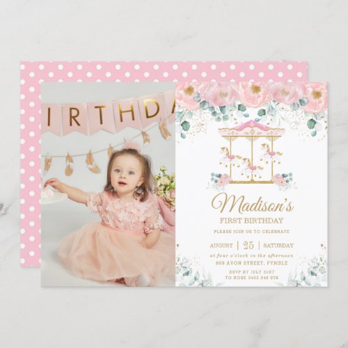 Whimsical Pink Floral Carousel 1st Birthday Photo Invitation