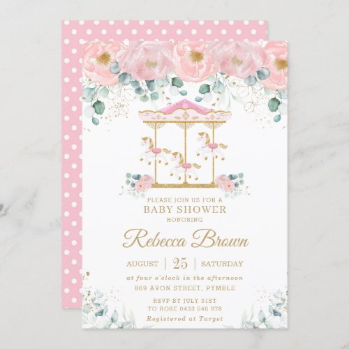 Whimsical Pink Floral Carousel Girl Baby Shower Invitation