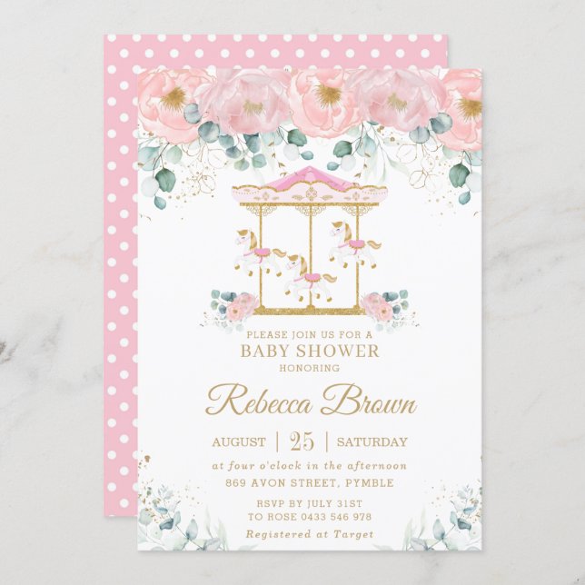 Whimsical Pink Floral Carousel Girl Baby Shower Invitation (Front/Back)