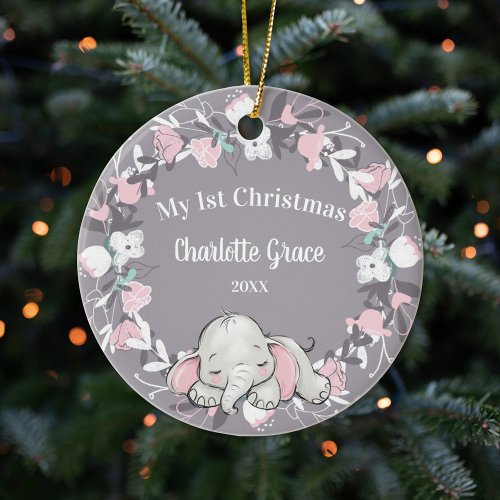 Whimsical Pink Floral Elephant Girl 1st Christmas Ceramic Ornament