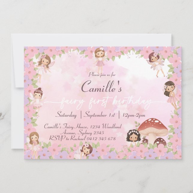 Whimsical Pink Floral Fairy 1st birthday Invitation (Front)