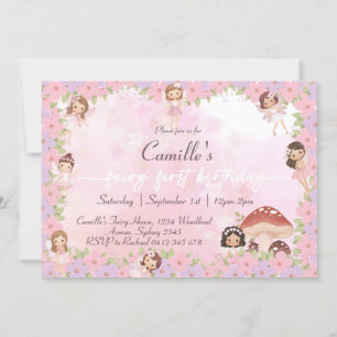 Whimsical Pink Floral Fairy 1st birthday Invitation