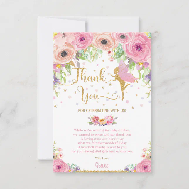 Whimsical Pink Floral Fairy Baby Shower Birthday Thank You Card | Zazzle