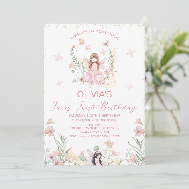 Whimsical Pink Floral Fairy First Birthday Invitation (Standing Front)