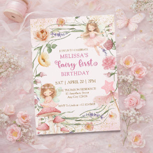 Whimsical Pink Floral Fairy First Garden Birthday  Invitation
