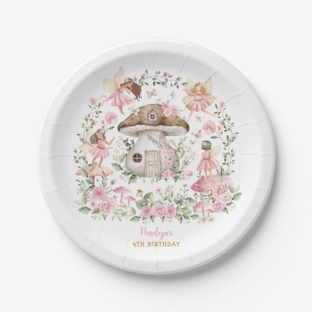 Whimsical Pink Floral Fairy Tea Party Birthday Paper Plates (Front)