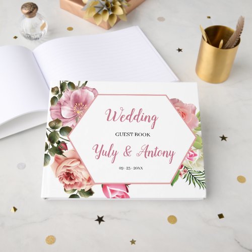 Whimsical Pink Floral Hexagon Memory Album Guest Book