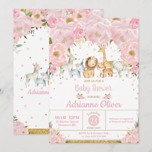 Whimsical Pink Floral Jungle Animals Baby Shower Invitation
