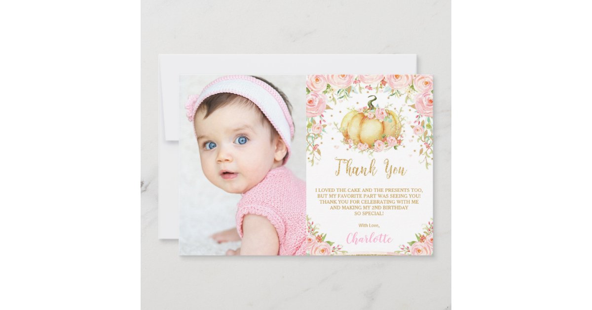 Whimsical Pink Floral Little Pumpkin Birthday Thank You Card | Zazzle