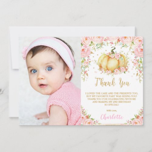 Whimsical Pink Floral Little Pumpkin Birthday Thank You Card