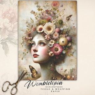 Whimsical Pink Floral Maiden, Antique Decoupage  Tissue Paper