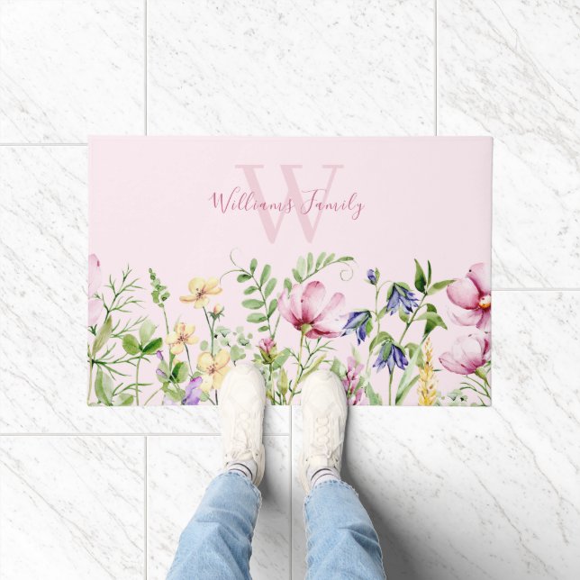  Whimsical Pink Floral Monogram  Doormat (Indoor)