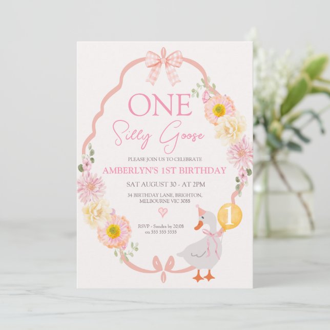 Whimsical Pink Floral One Silly Goose 1st Birthday Invitation (Standing Front)