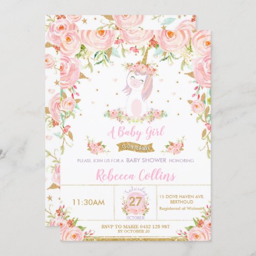 Whimsical Pink Floral Unicorn Baby Shower Girl Invitation