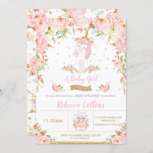Whimsical Pink Floral Unicorn Baby Shower Girl Invitation