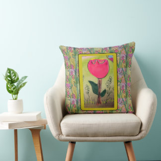 Whimsical Pink Flower Throw Pillow