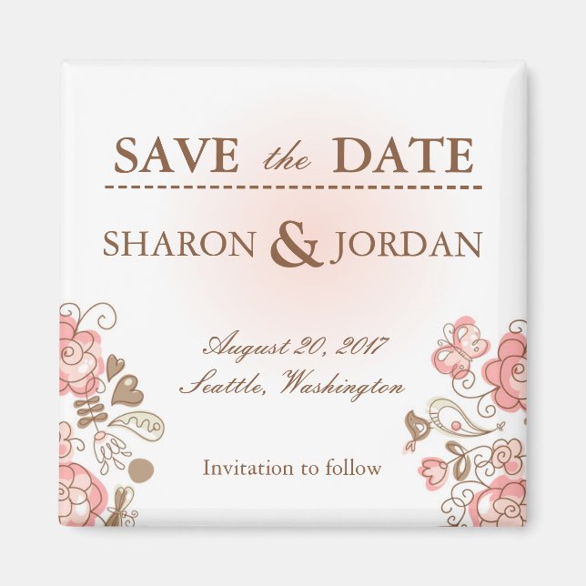 Whimsical pink flowers and birds save the date magnet (Front)
