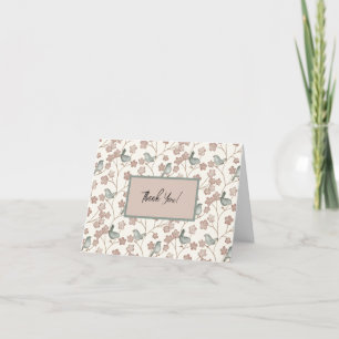 Whimsical Pink Flowers and Green Illustrated Birds Thank You Card