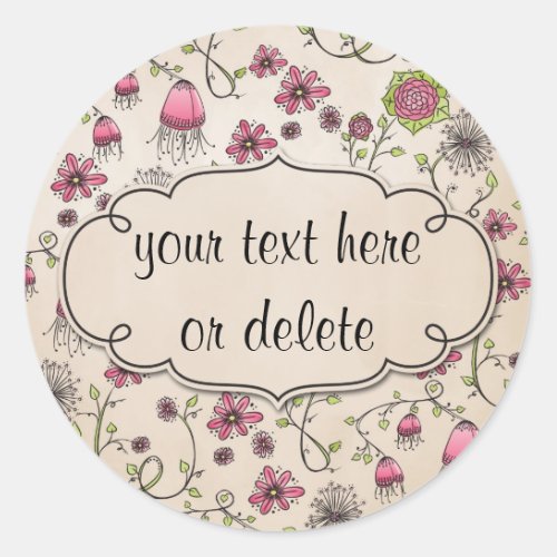 whimsical pink flowers on beige classic round sticker