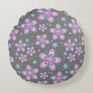Whimsical Pink Flowers Round Throw Pillow