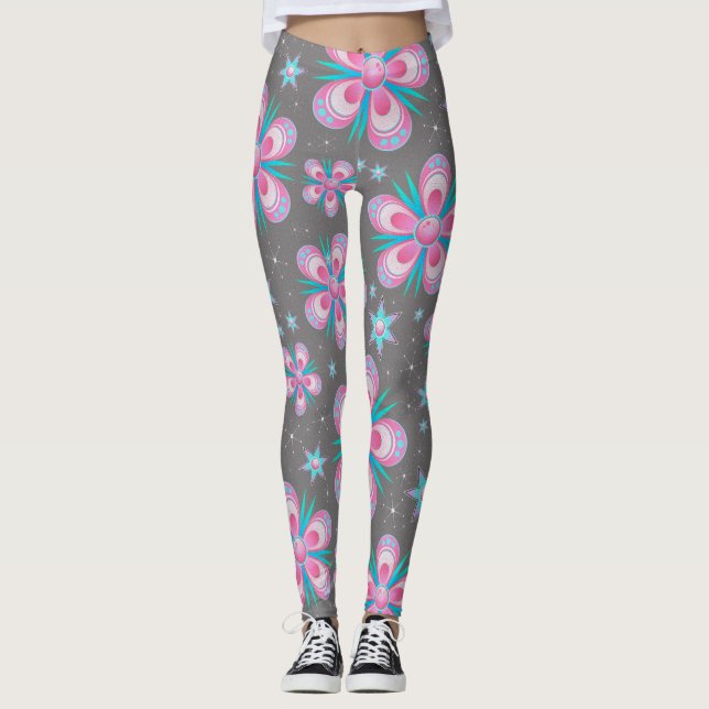 Whimsical Pink Flowers Texture Yoga Leggings (Front)