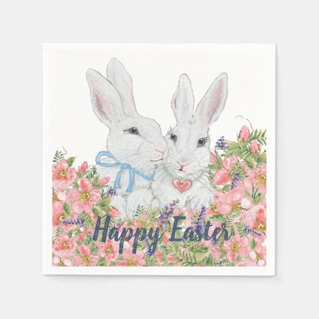 Whimsical Pink Flowers White Bunny Rabbits Easter Napkins (Front)