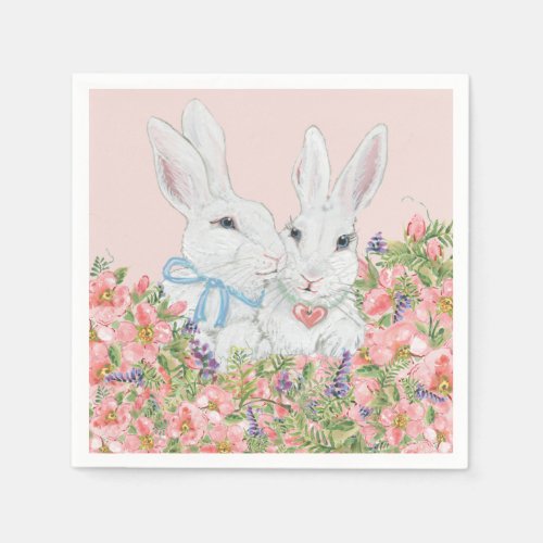 Whimsical Pink Flowers White Bunny Rabbits Spring Napkins