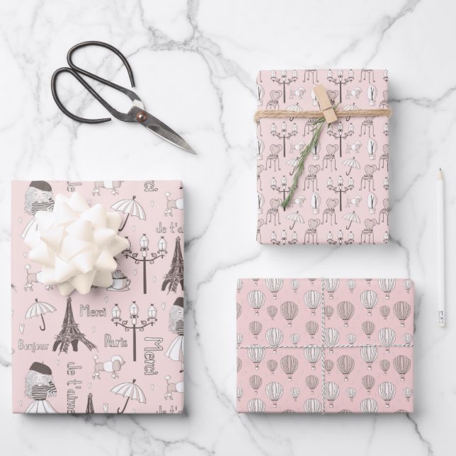 Whimsical Pink French Wrapping Paper Sheets (Front)