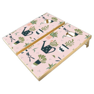 Whimsical Pink Gardening Printed Pattern Cornhole Set
