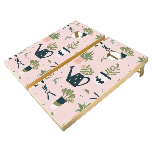 Whimsical Pink Gardening Printed Pattern Cornhole Set (Angled)
