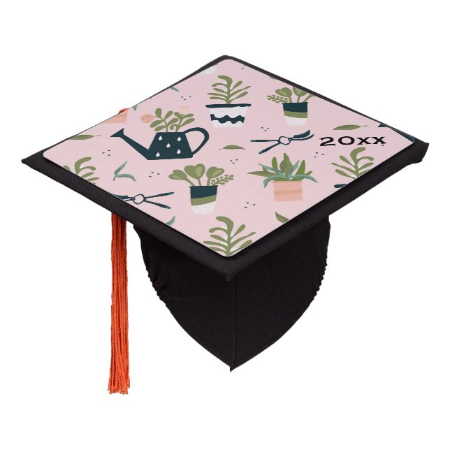Whimsical Pink Gardening Printed Pattern Graduation Cap Topper (Angled)
