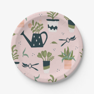 Whimsical Pink Gardening Printed Pattern Paper Plates