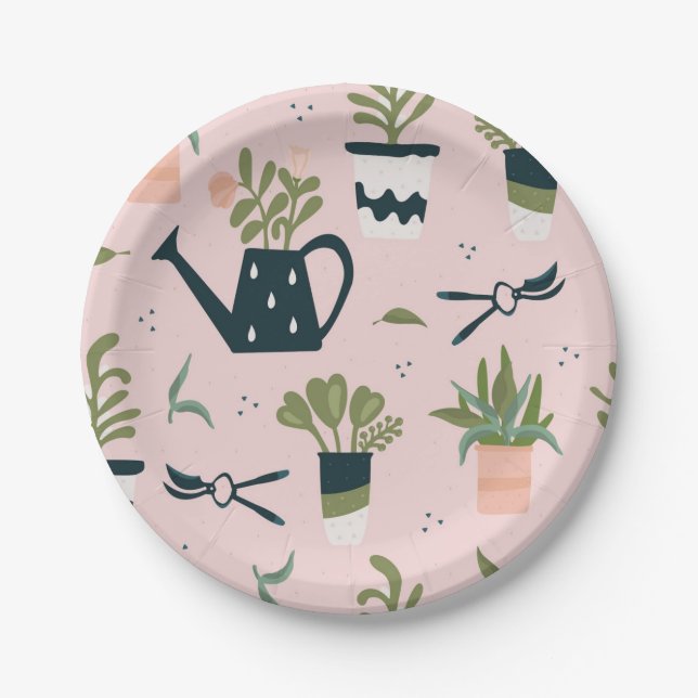 Whimsical Pink Gardening Printed Pattern Paper Plates (Front)