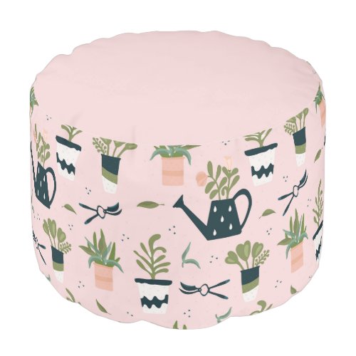 Whimsical Pink Gardening Printed Pattern Pouf