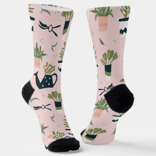 Whimsical Pink Gardening Printed Pattern Socks