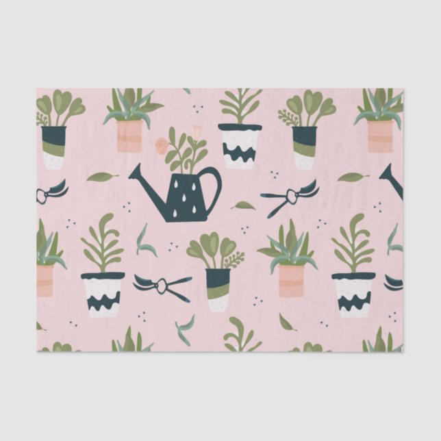Whimsical Pink Gardening Printed Pattern Tissue Paper (Front)