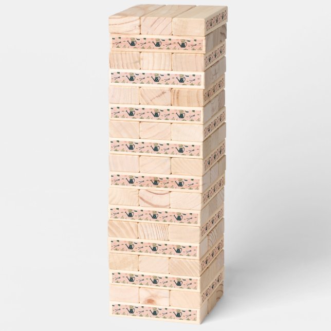 Whimsical Pink Gardening Printed Pattern Topple Tower (Assembled)