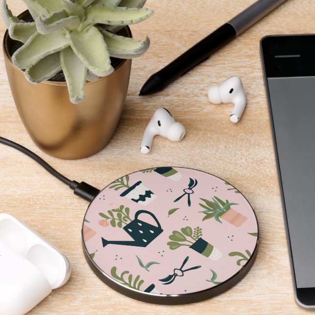 Whimsical Pink Gardening Printed Pattern Wireless Charger (Desk 2)