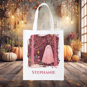 Whimsical Pink Ghost in Enchanted Floral Forest Grocery Bag